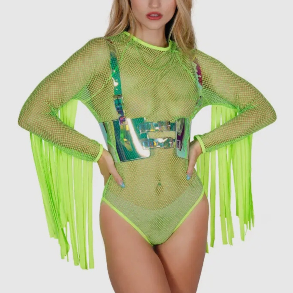 Nu Shuz Key West Neon Green Mesh Fringe Festival Rave Body Suit